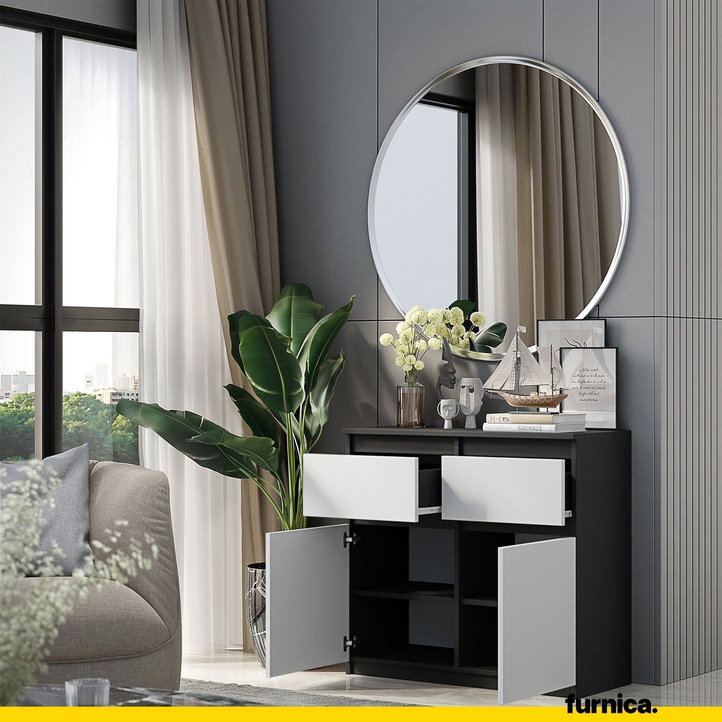 NOAH - Kommode / Sideboard mit 2 Schubladen und 2 Türen - Anthrazit Grau / Weiß Matt H75cm B80cm T35cm