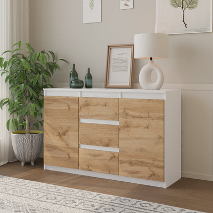 MIKEL - Kommode / Sideboard mit 3 Schubladen und 2 Türen - Weiß Matt / Wotan Eiche H75cm B120cm T35cm