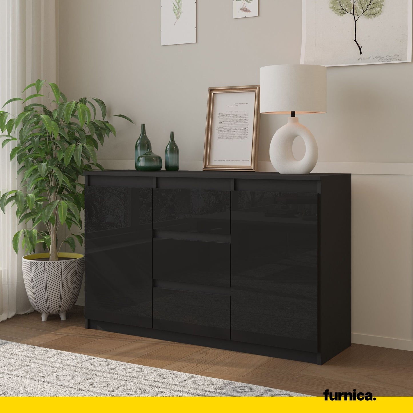 MIKEL - Kommode / Sideboard mit 3 Schubladen und 2 Türen - Anthrazit Grau / Schwarz Gloss H75cm B120cm T35cm