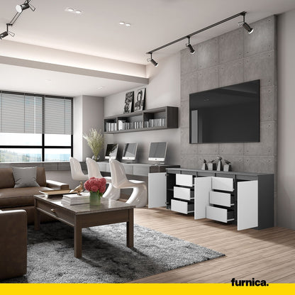 MIKEL - Kommode mit 6 Schubladen und 3 Türen - Schlafzimmer Kommode Aufbewahrungsschrank Sideboard - Anthrazit / Weiß Matt H75cm B200cm T35cm