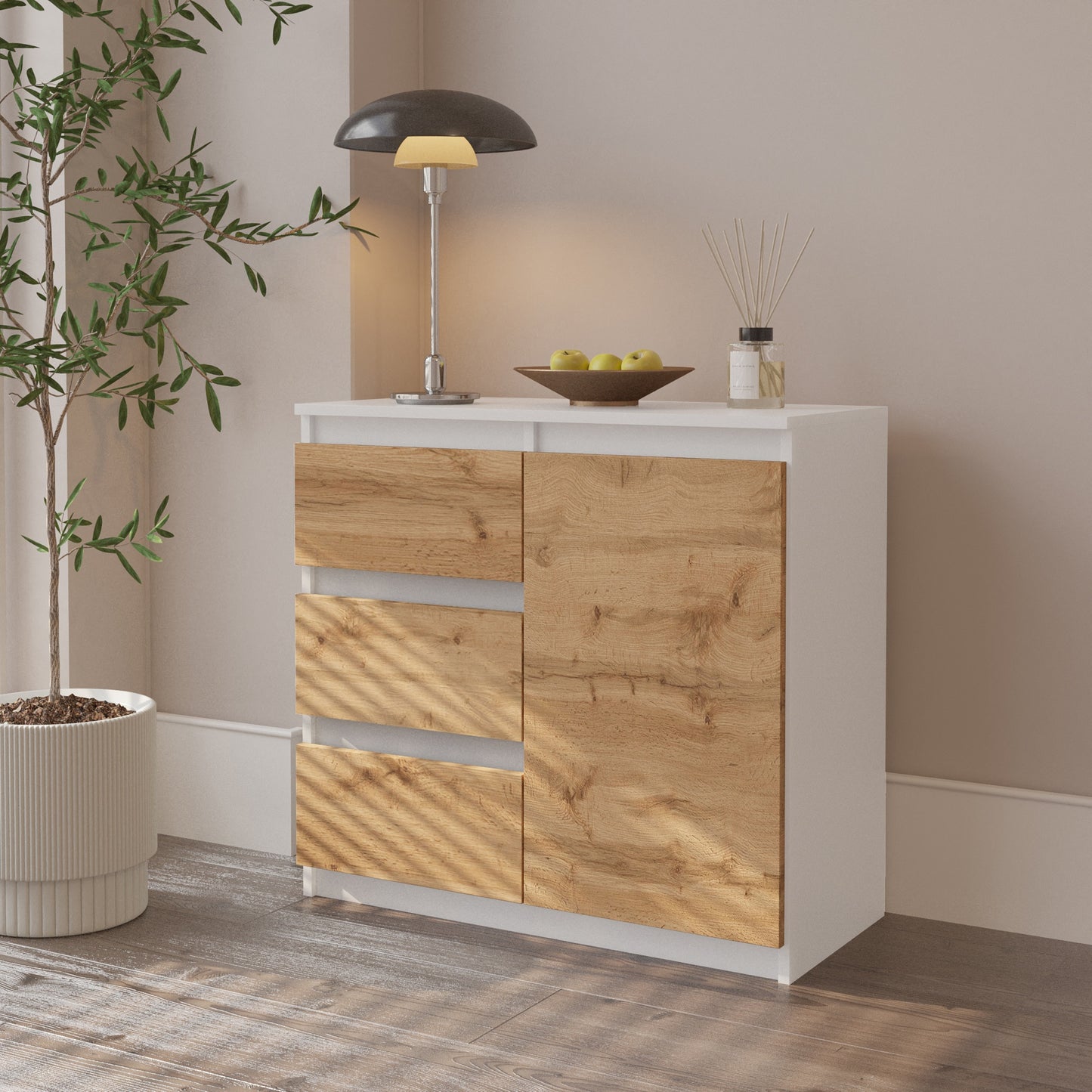 MIKEL - Kommode / Sideboard mit 3 Schubladen und 1 Tür - Weiß Matt / Wotan Eiche H75cm B80cm T35cm