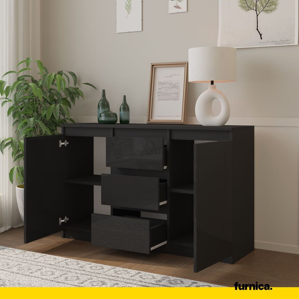 MIKEL - Kommode / Sideboard mit 3 Schubladen und 2 Türen - Anthrazit Grau / Schwarz Gloss H75cm B120cm T35cm