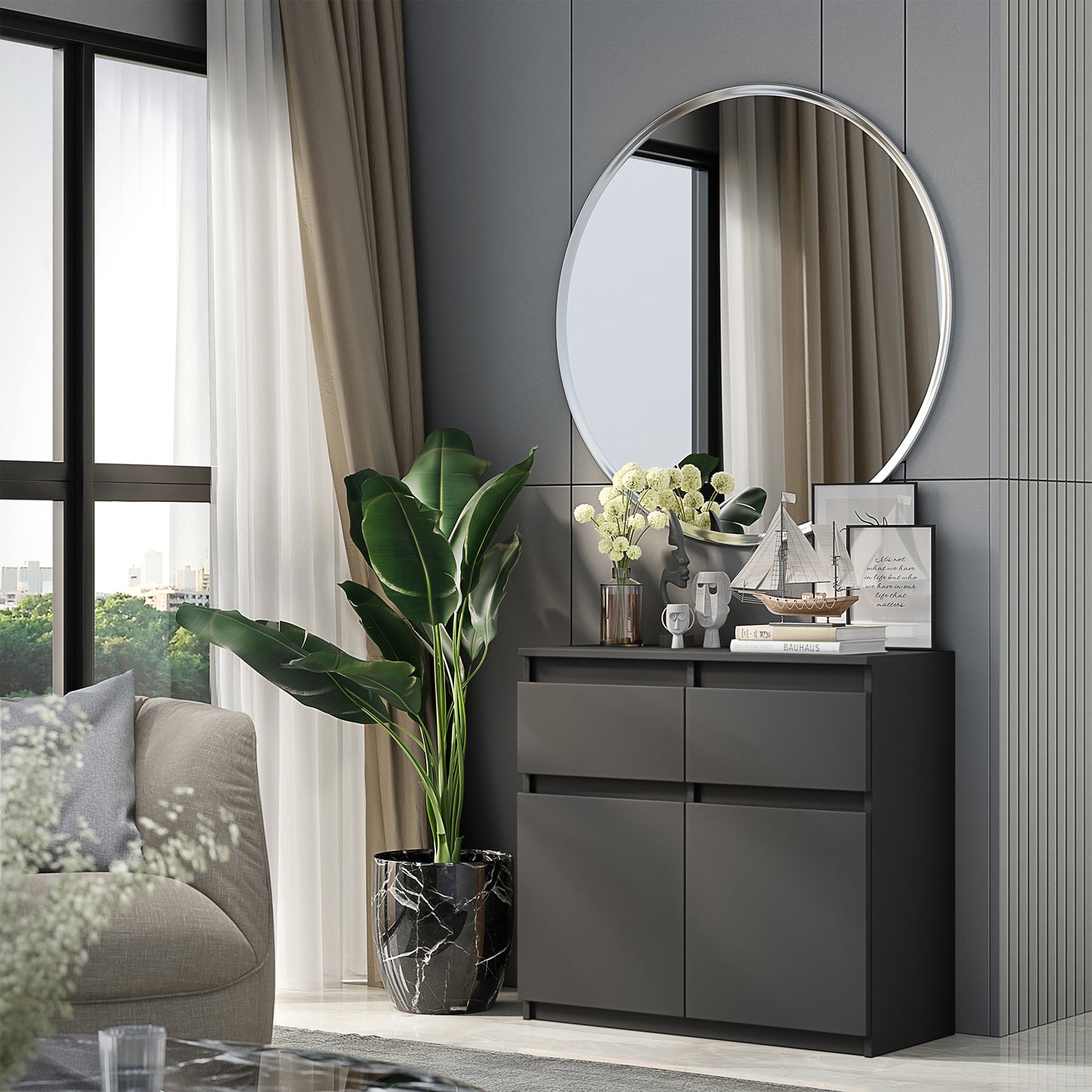 NOAH - Kommode / Sideboard mit 2 Schubladen und 2 Türen - Anthrazit Grau H75cm B80cm T35cm