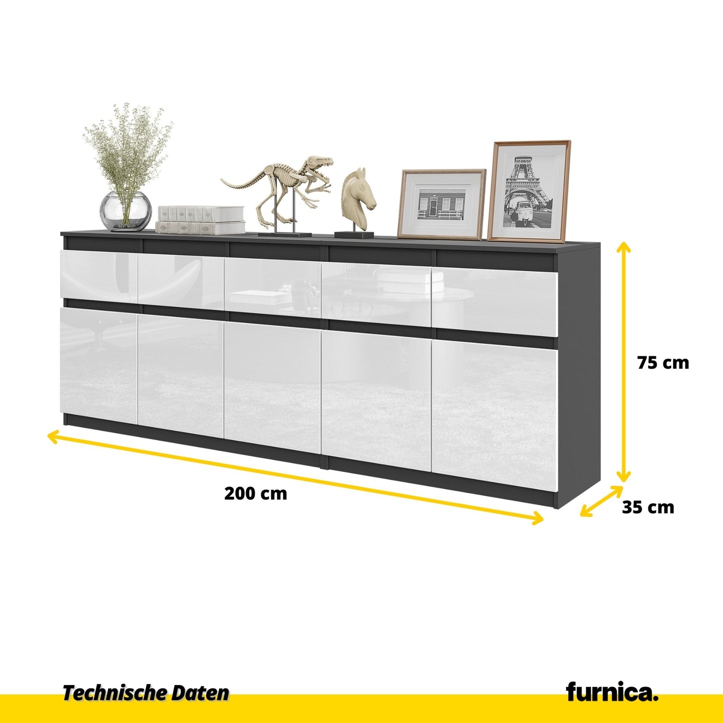 NOAH - Kommode mit 5 Schubladen und 5 Türen - Schlafzimmer Kommode Aufbewahrungsschrank Sideboard - Anthrazit / Weiß Glanz H75cm B200cm T35cm
