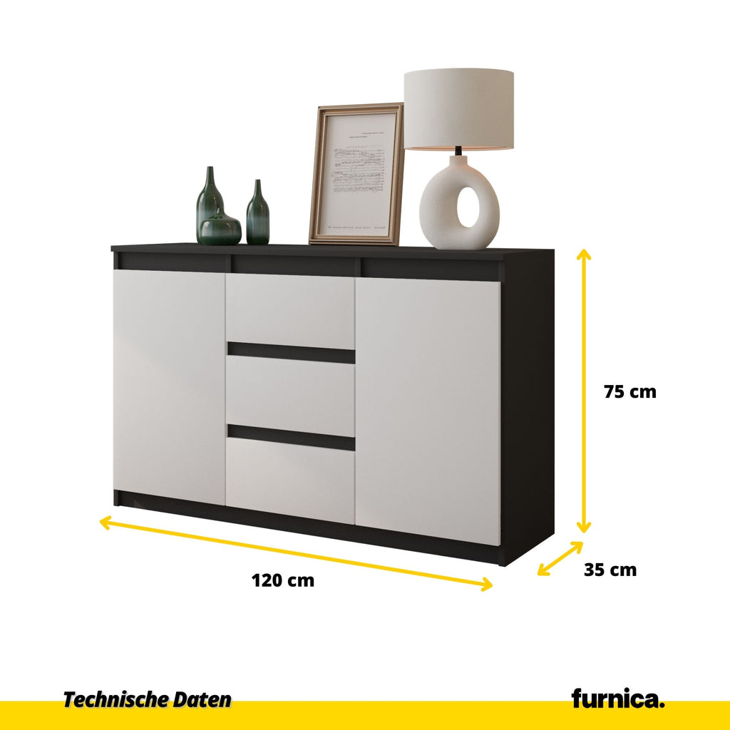 MIKEL - Kommode / Sideboard mit 3 Schubladen und 2 Türen - Anthrazit Grau / Weiß Matt H75cm B120cm T35cm