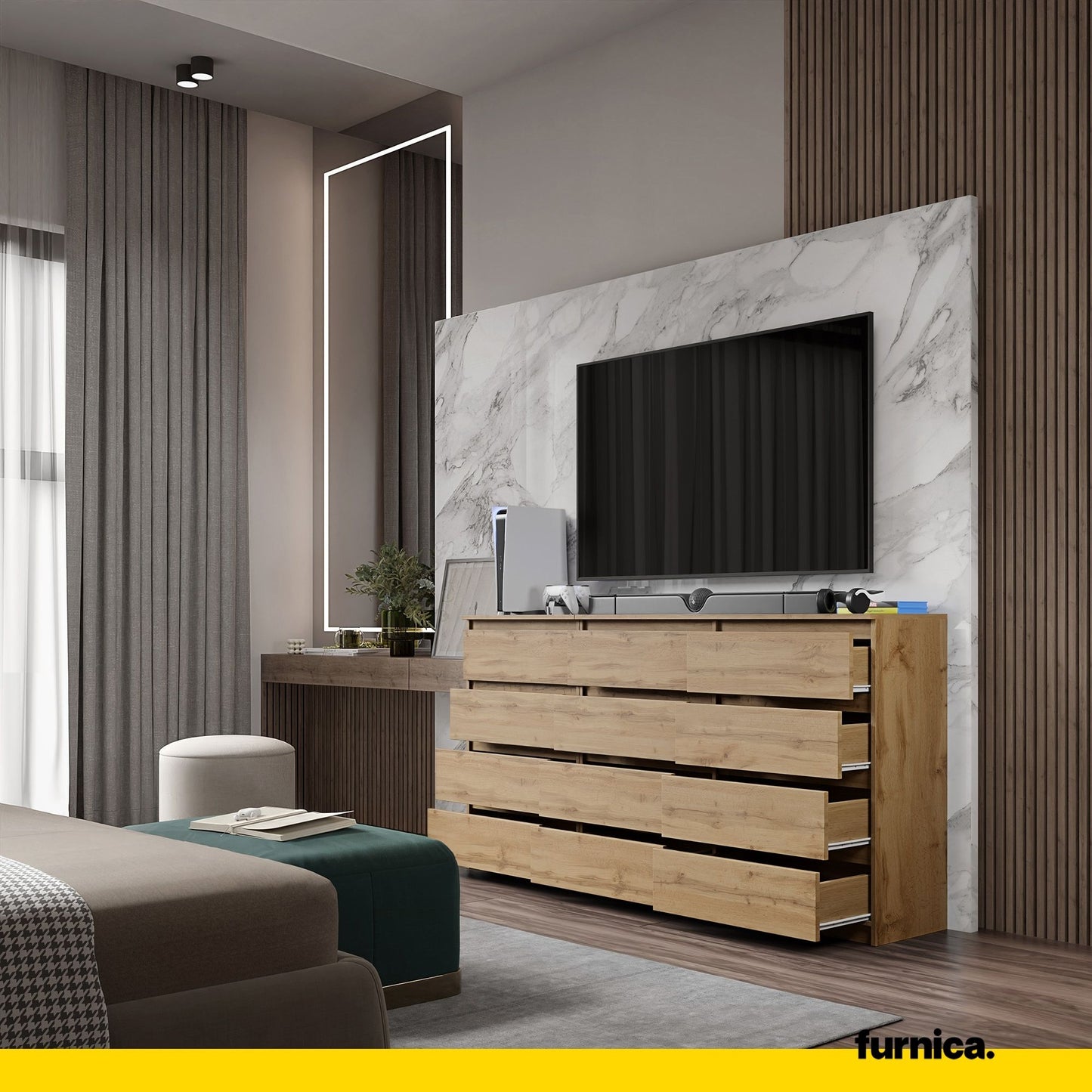 GABRIEL - Kommode / Sideboard mit 12 Schubladen (8+4) - Wotan Eiche H92cm B180cm T33cm