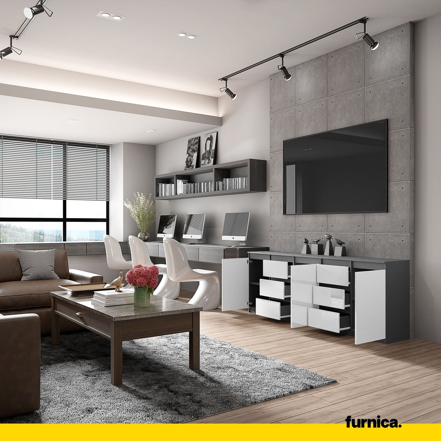 MIKEL - Kommode mit 6 Schubladen und 3 Türen - Schlafzimmer Kommode Aufbewahrungsschrank Sideboard - Anthrazit / Weiß Glanz H75cm B200cm T35cm