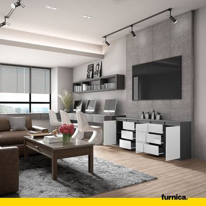 MIKEL - Kommode mit 6 Schubladen und 3 Türen - Schlafzimmer Kommode Aufbewahrungsschrank Sideboard - Anthrazit / Weiß Glanz H75cm B200cm T35cm