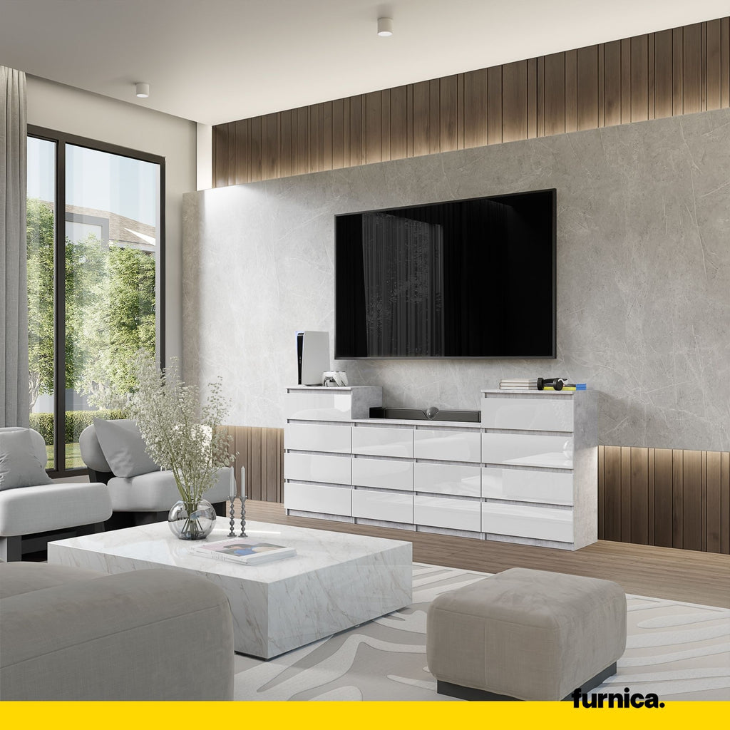 GABRIEL - Kommode / Sideboard mit 14 Schubladen (4+6+4) - Beton-Optik / Weiß Gloss H92/70cm B220cm T33cm