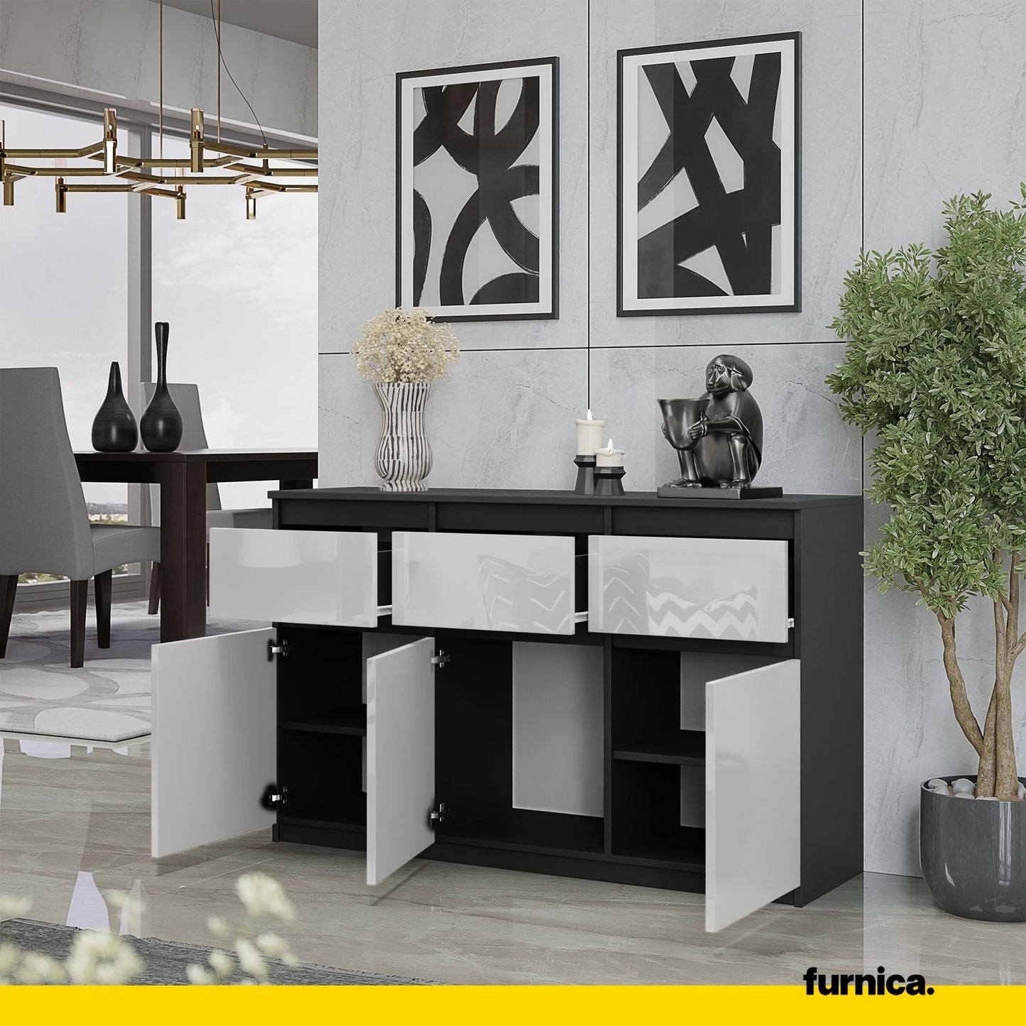 NOAH - Kommode / Sideboard mit 3 Schubladen und 3 Türen - Anthrazit Grau / Weiß Gloss H75cm B120cm T35cm