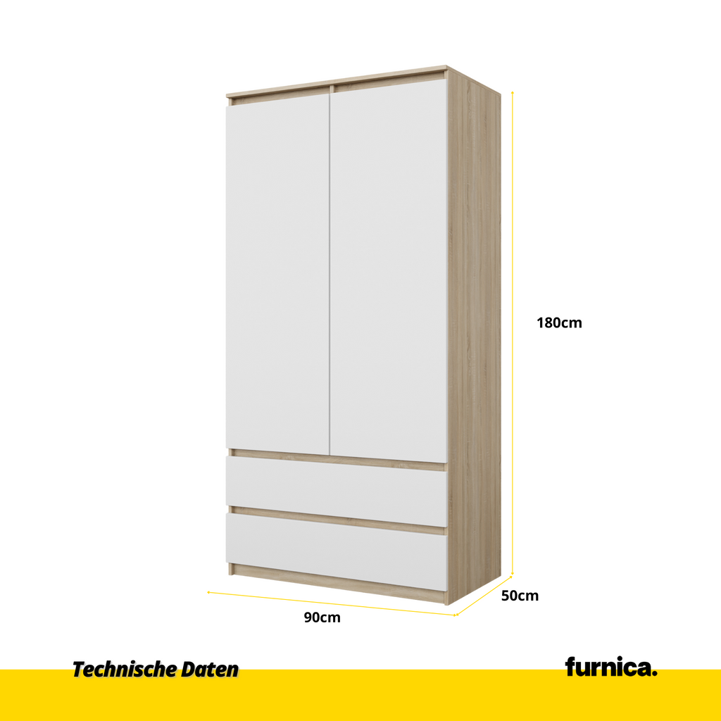 JOELLE - Kleiderschrank mit 2 Türen und 2 Schubladen -  Sonoma Eiche / Weiß Matt H180cm B90cm T50cm