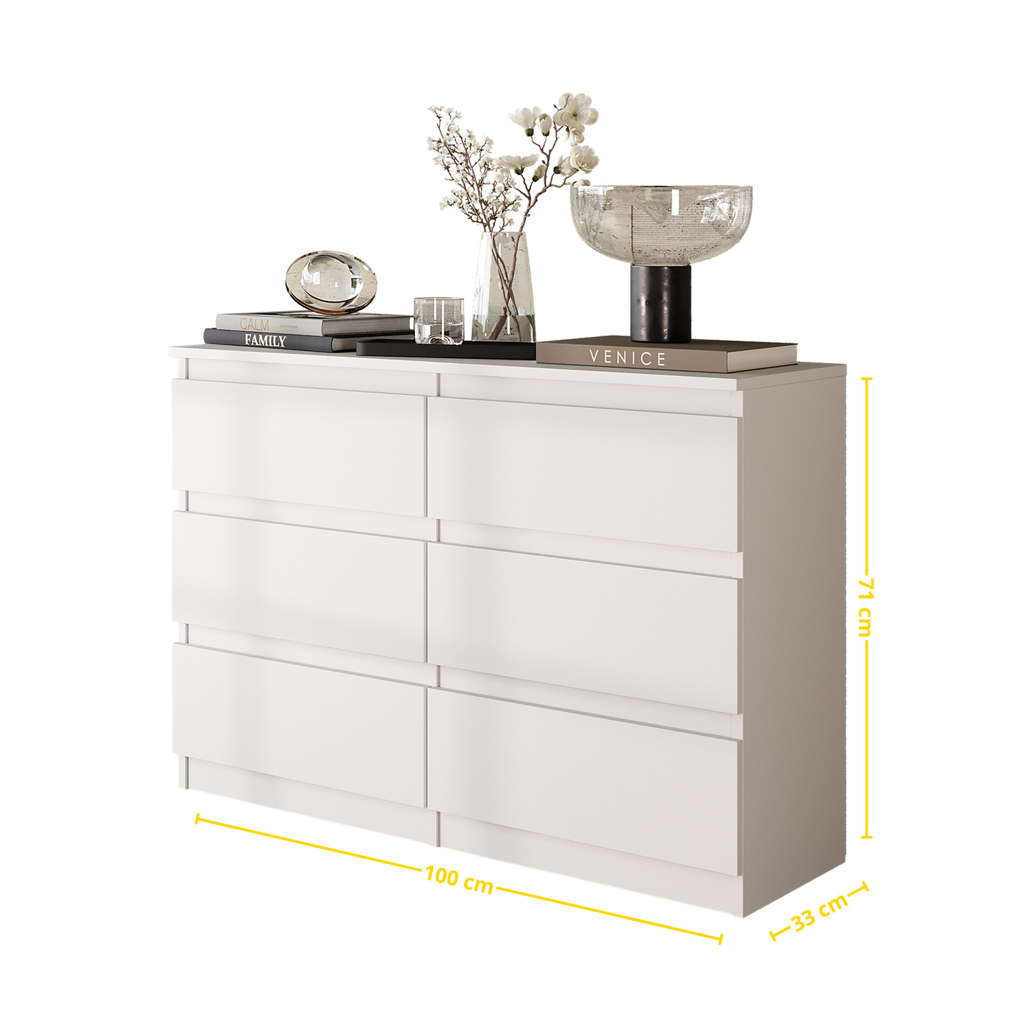 GABRIEL - Kommode / Sideboard mit 6 Schubladen - Weiß Matt / Weiß Gloss H71cm B100cm T33cm