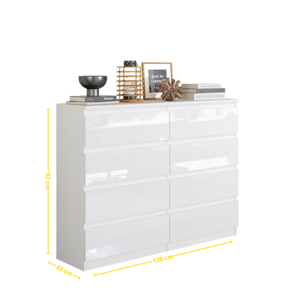 GABRIEL - Kommode / Sideboard mit 8 Schubladen - Weiß Gloss H92cm B120cm T33cm