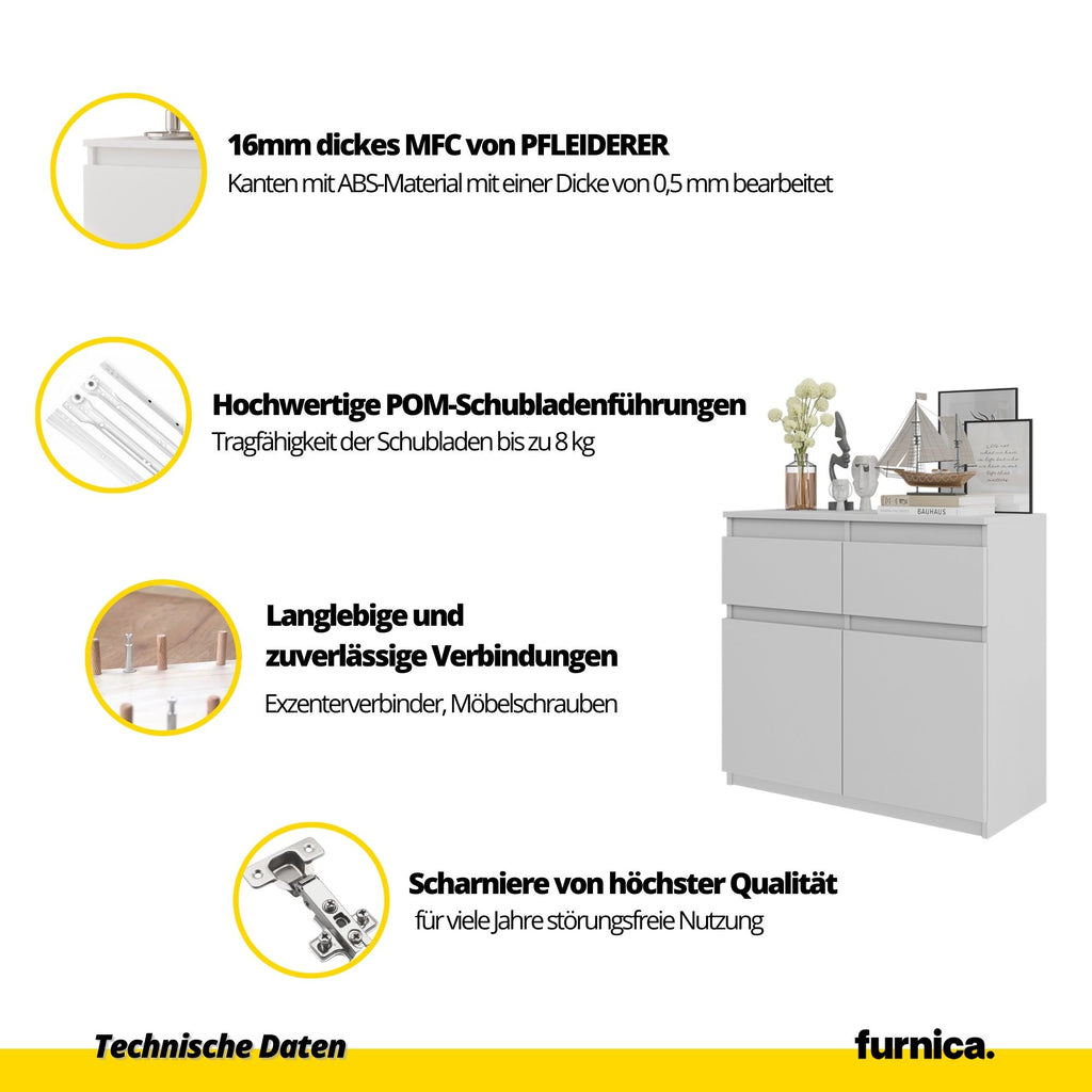 NOAH - Kommode / Sideboard mit 2 Schubladen und 2 Türen - Weiß Matt / Sonoma Eiche H75cm B80cm T35cm