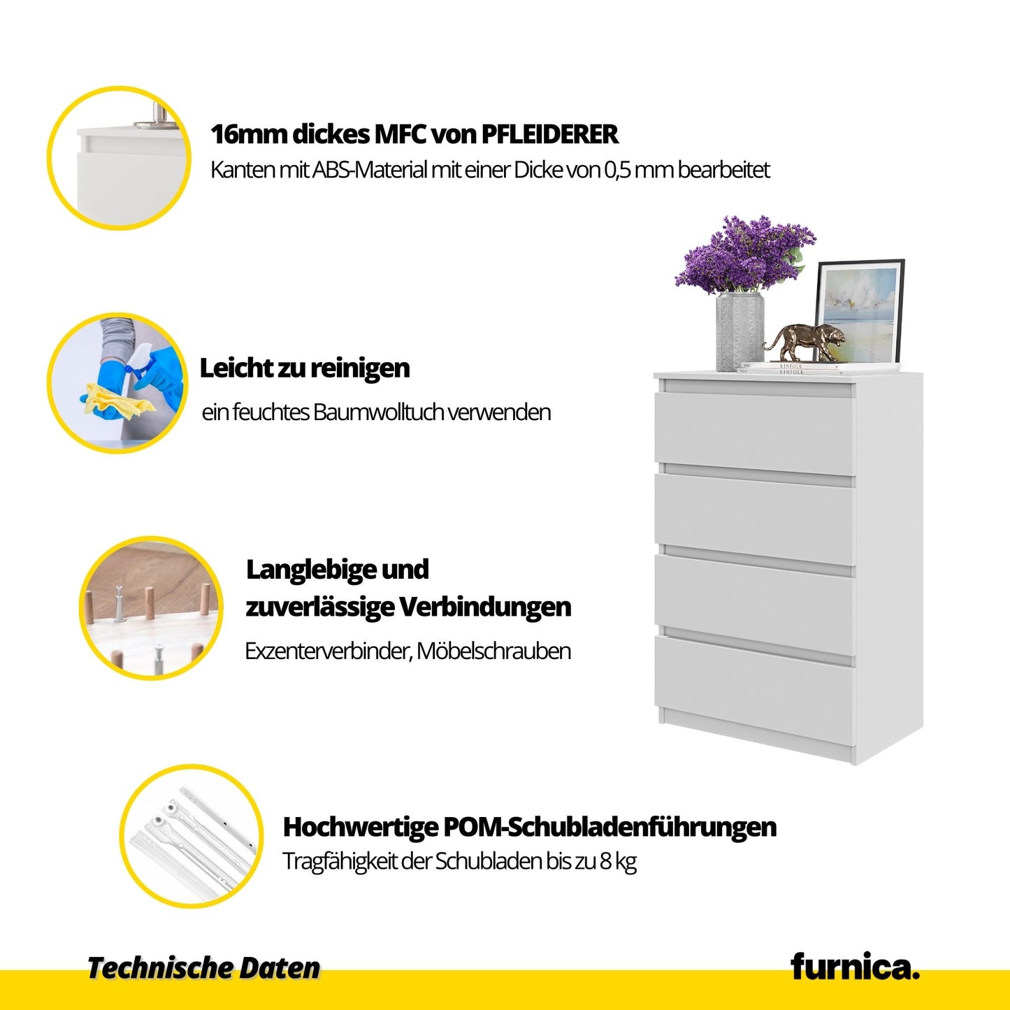 GABRIEL - Kommode / Sideboard mit 4 Schubladen - Weiß Matt / Wotan Eiche H92cm B60cm T33cm