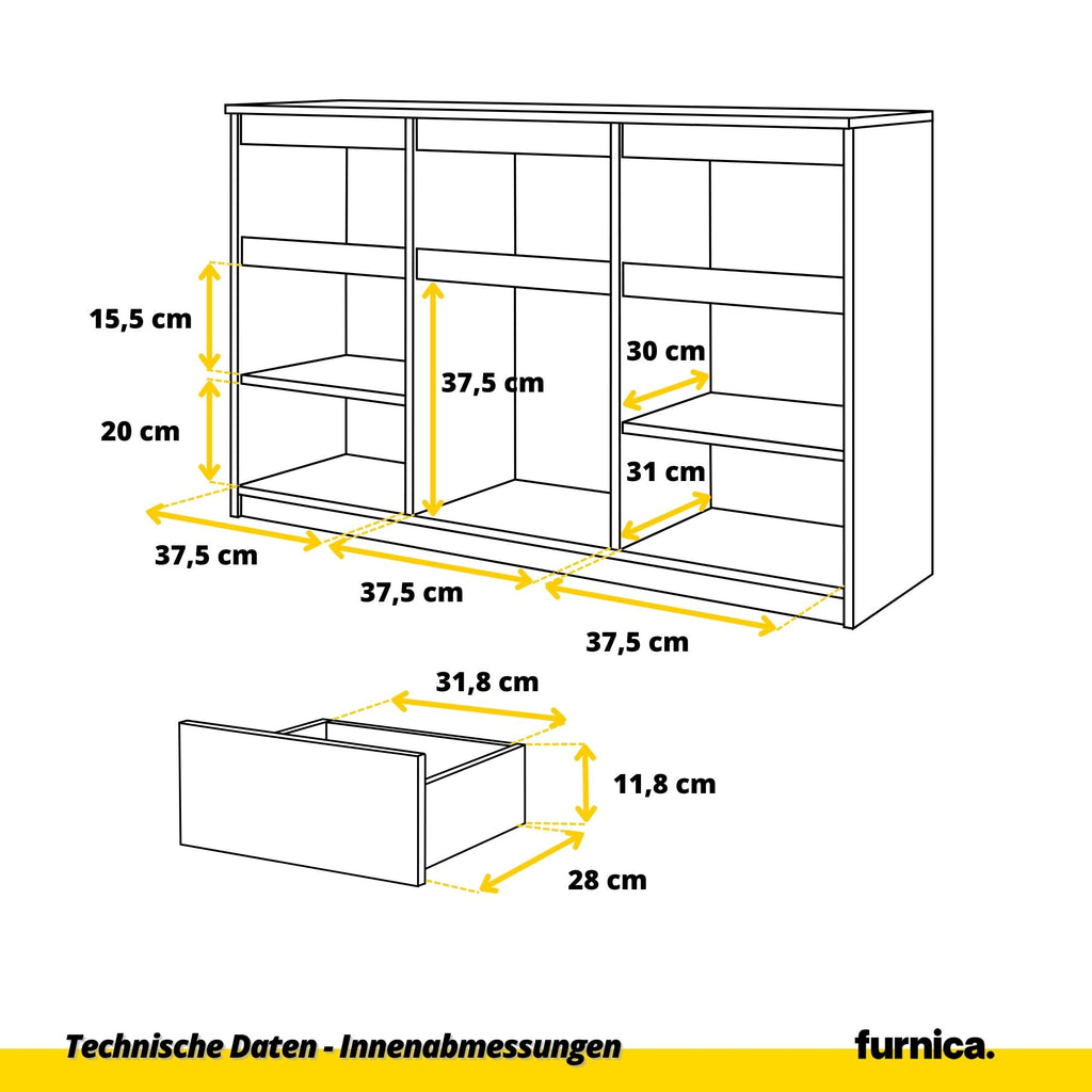 3 Gloss NOAH Furnica Sonoma T35cm / Schubladen B120cm und Türen mit - / 3 H75cm Sideboard - Eiche Kommode - Schwarz