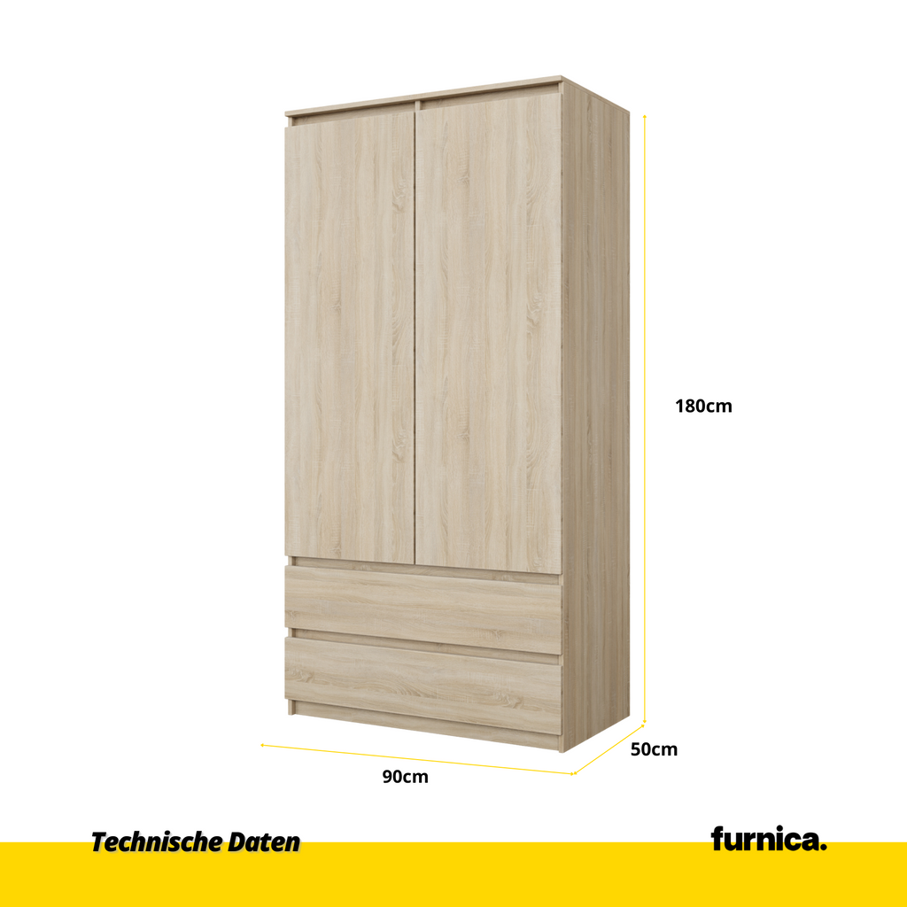 JOELLE - Kleiderschrank mit 2 Türen und 2 Schubladen -  Sonoma Eiche H180cm B90cm T50cm