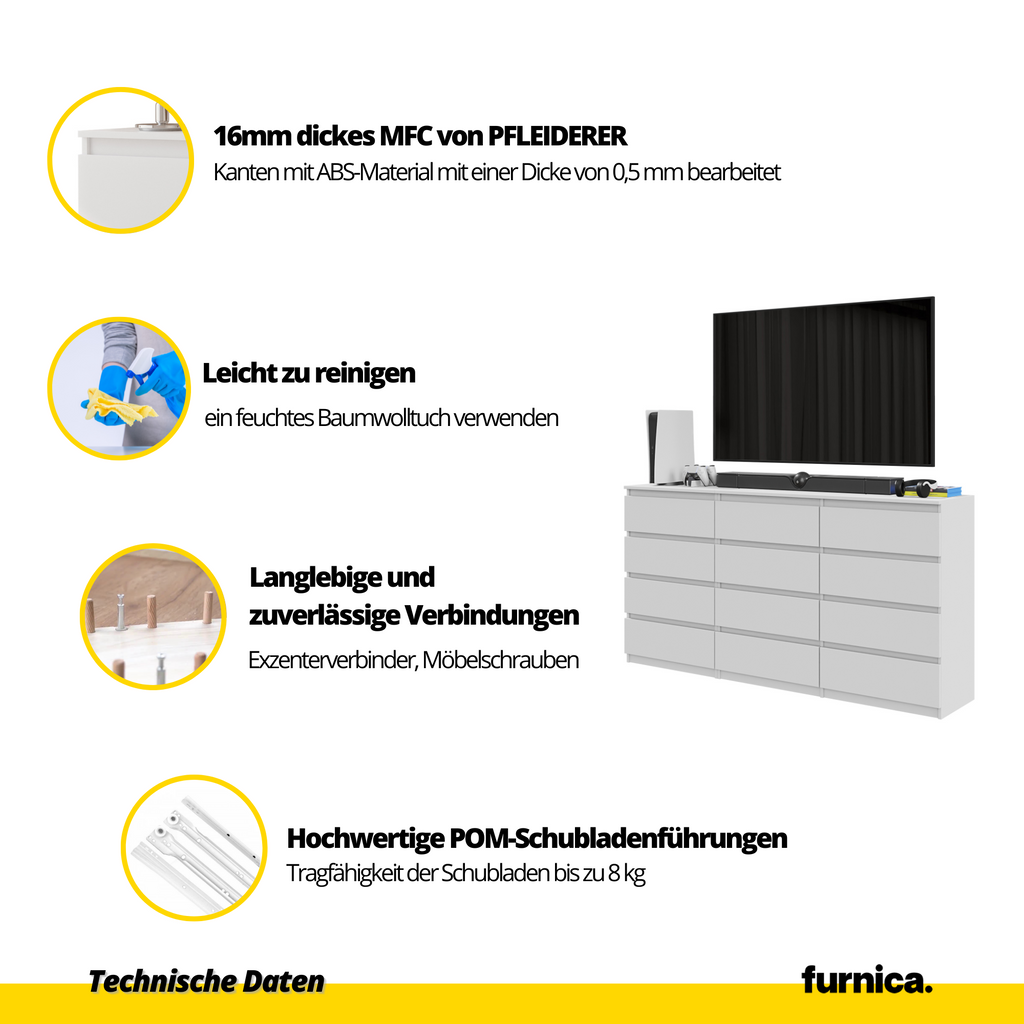 GABRIEL - Kommode / Sideboard mit 12 Schubladen (8+4) - Anthrazit H92cm W180cm D33cm