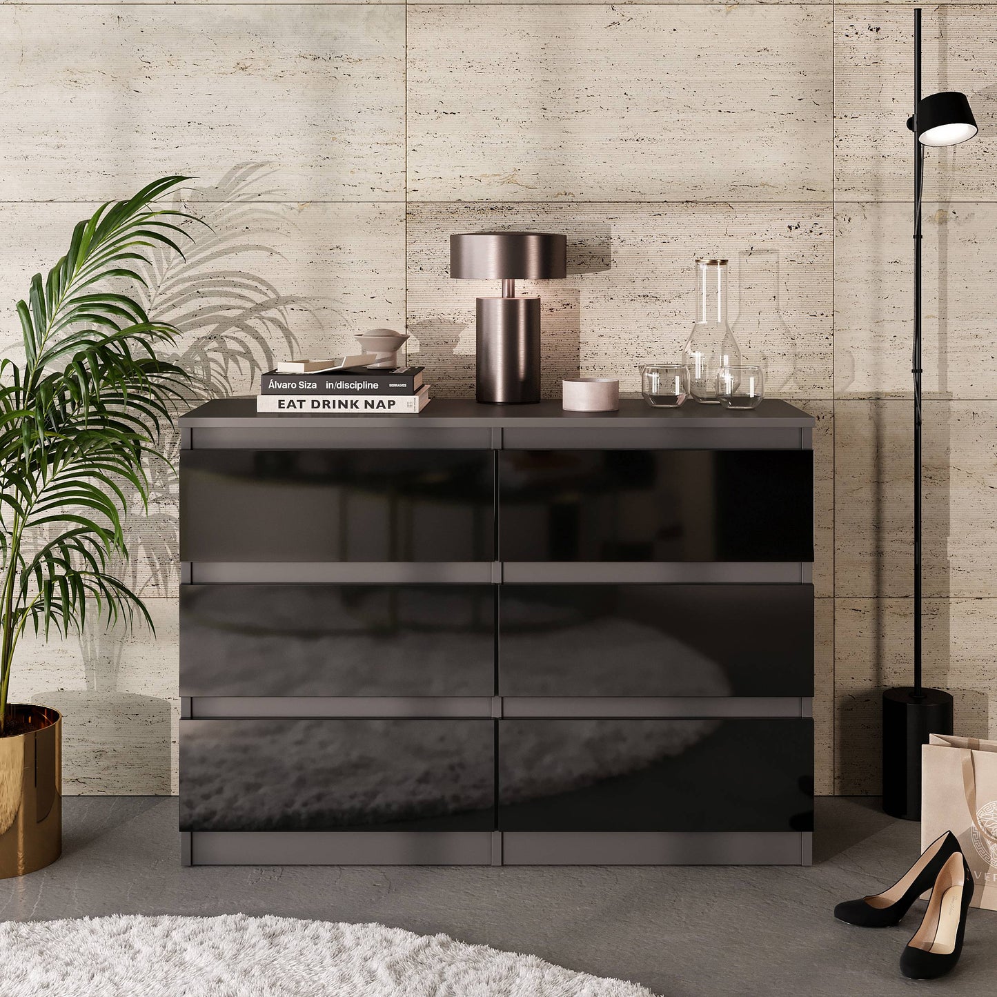 GABRIEL - Kommode / Sideboard mit 6 Schubladen - Anthrazit / Schwarz Gloss H71cm B100cm TD33cm