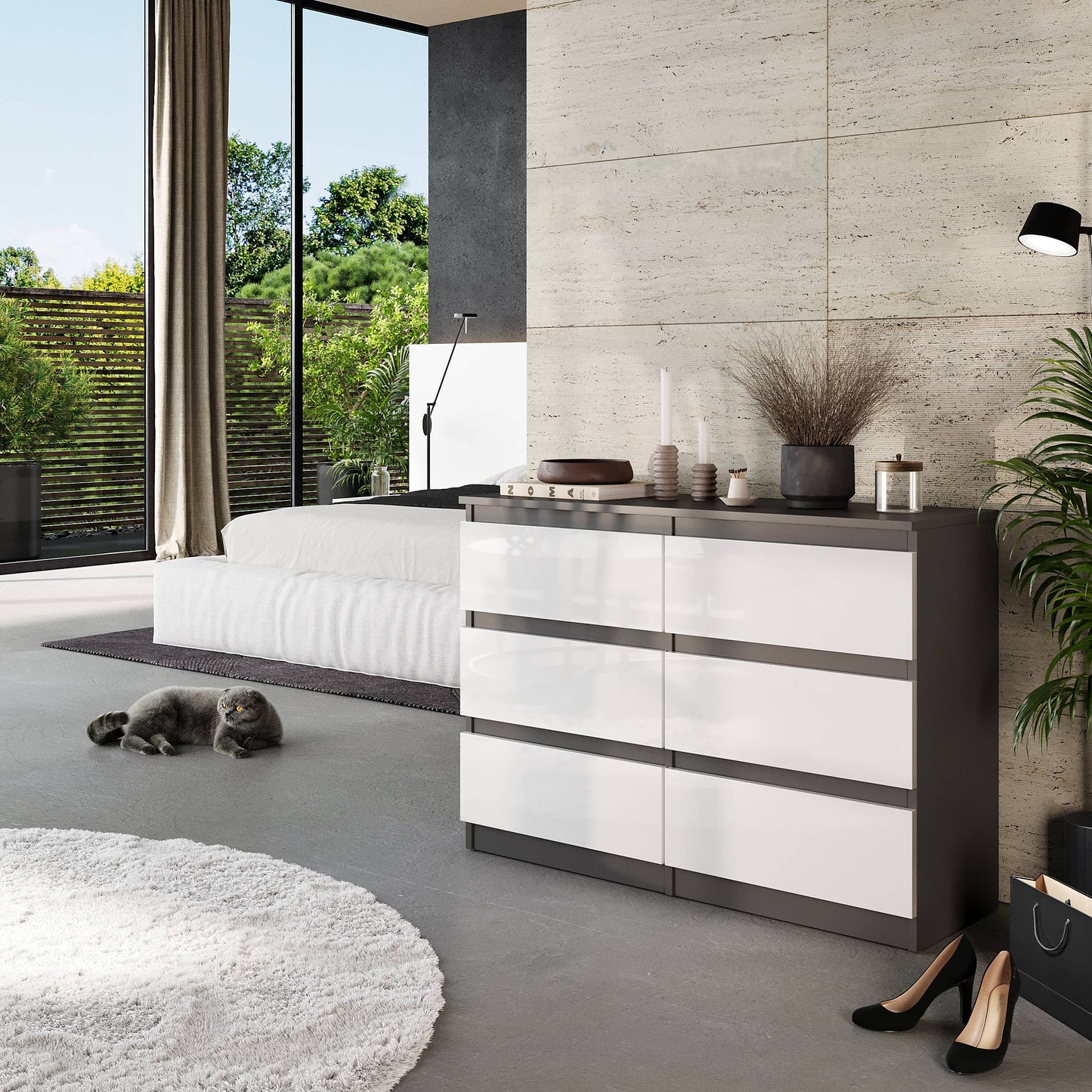 GABRIEL - Kommode / Sideboard mit 6 Schubladen - Anthrazit / Weiß Gloss H71cm B100cm TD33cm