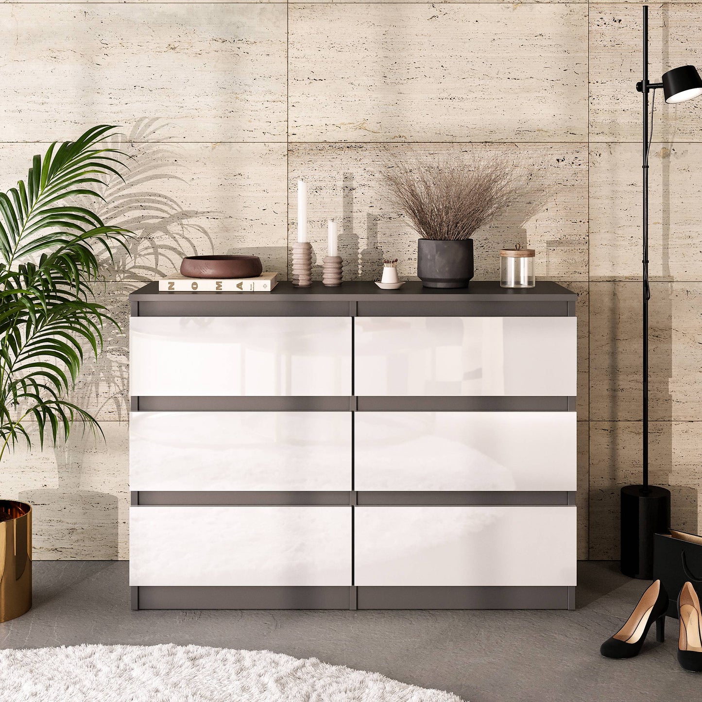 GABRIEL - Kommode / Sideboard mit 6 Schubladen - Anthrazit / Weiß Gloss H71cm B100cm TD33cm