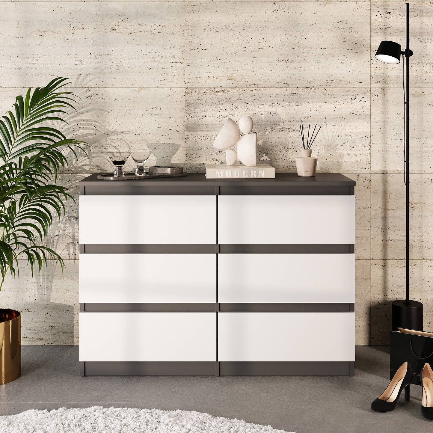 GABRIEL - Kommode / Sideboard mit 6 Schubladen - Anthrazit / Weiß Matt  H71cm B100cm TD33cm