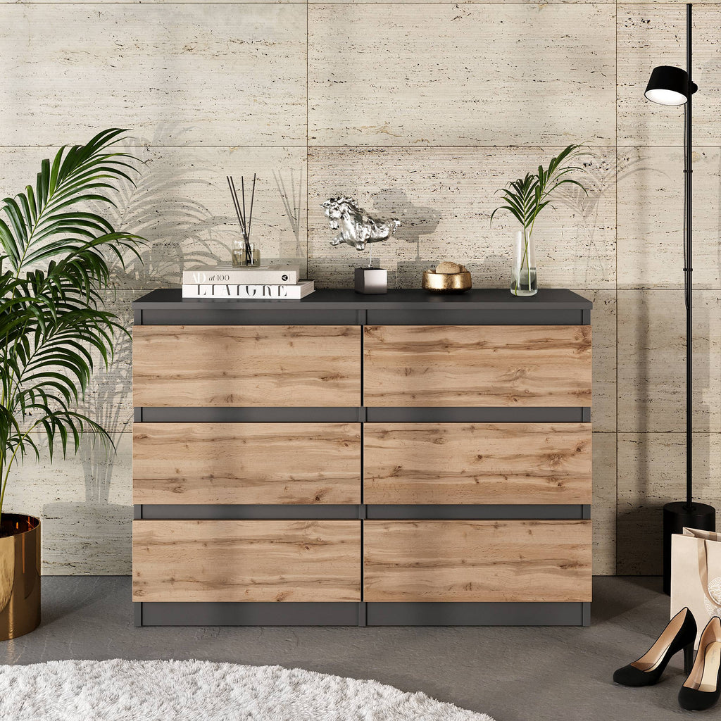 GABRIEL - Kommode / Sideboard mit 6 Schubladen - Anthrazit / Wotan Eiche H71cm B100cm T33cm