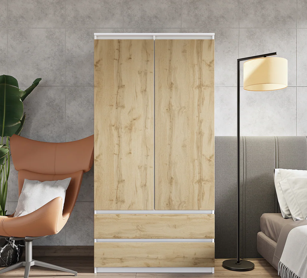 JOELLE - Kleiderschrank mit 2 Türen und 2 Schubladen - Weiß Matt / Wotan Eiche H180cm B90cm T50cm