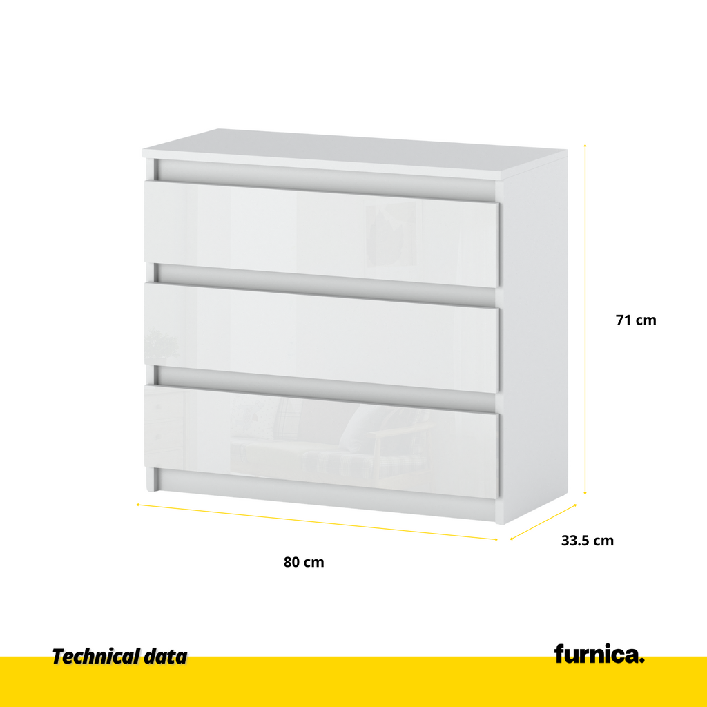 GABRIEL - Kommode / Sideboard mit 3 Schubladen - Weiß Matt / Weiß Gloss H71cm B80cm T33cm