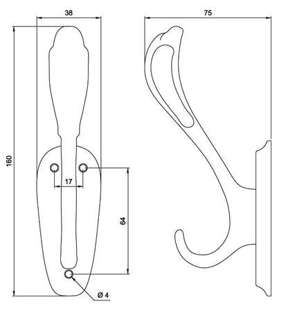 Doppelter Hut- und Mantelhaken - 160 mm - Satin
