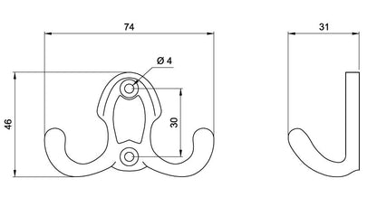 Doppelter Kleiderhaken - 46mm - Antikes Messing