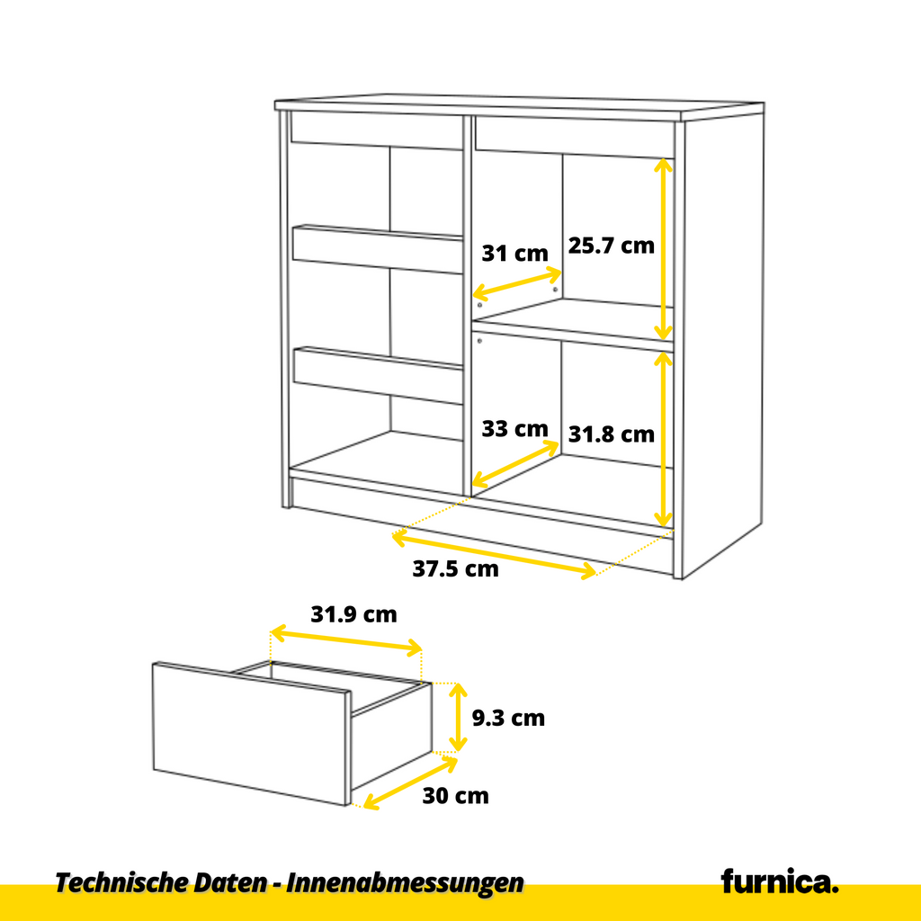 MIKEL - Kommode / Sideboard mit 3 Schubladen und 1 Tür - Weiß Matt / Schwarz Gloss H75cm B80cm T35cm