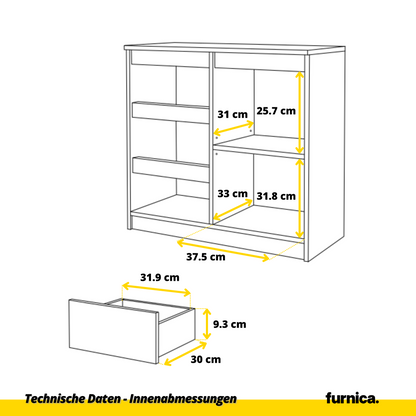 MIKEL - Kommode / Sideboard mit 3 Schubladen und 1 Tür - Anthrazit Grau / Weiß Matt H75cm B80cm T35cm
