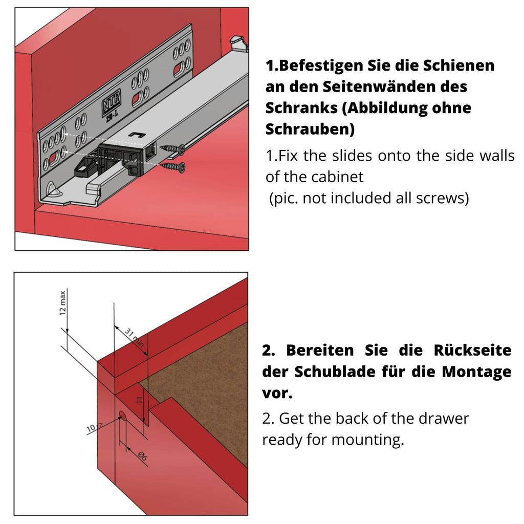 Soft-Close Unterflurführungen Schubladenschienen, Vollauszug 600mm