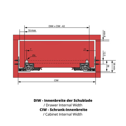 Soft-Close Unterflurführungen Schubladenschienen, Vollauszug 250mm - 600mm