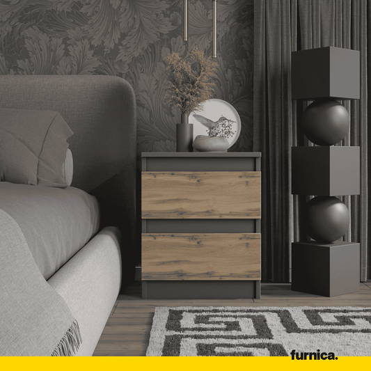 GABRIEL BIG - Nachttisch / Nachtschrank mit 2 Schubladen - Anthrazit Grau / Wotan Eiche - H50cm B41cm T33cm