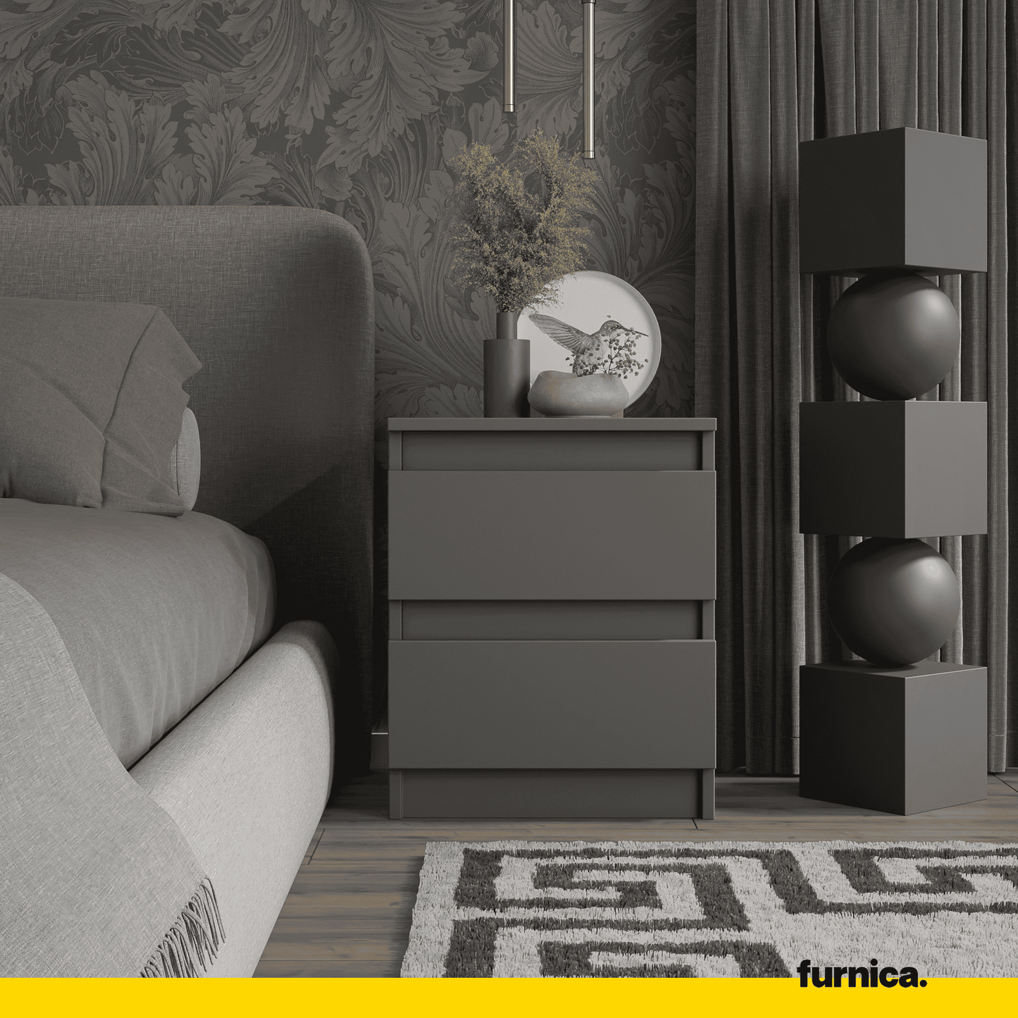 GABRIEL BIG - Nachttisch / Nachtschrank mit 2 Schubladen - Anthrazit Grau - H50cm B41cm T33cm