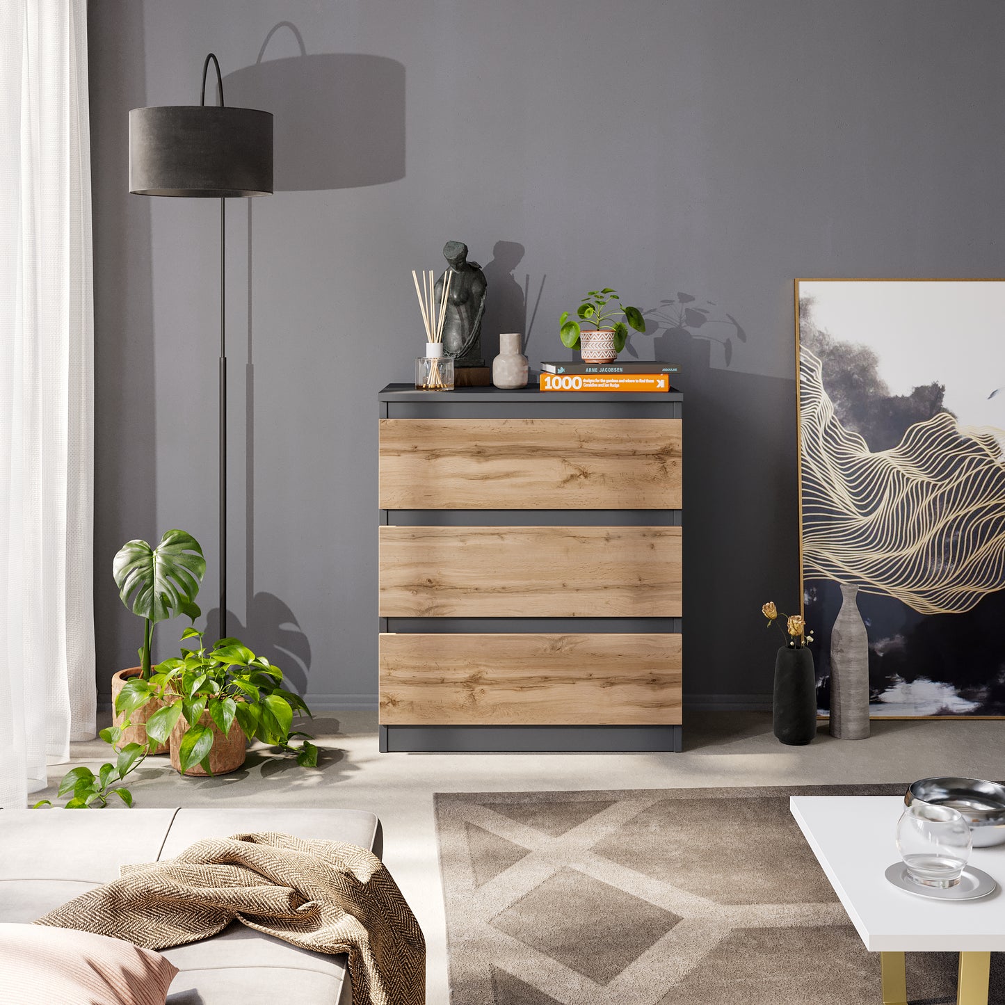 GABRIEL - Kommode / Sideboard mit 3 Schubladen - Anthrazit Grau / Wotan Eiche H72cm B60cm T33cm