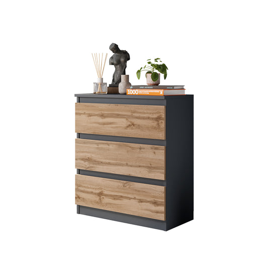 GABRIEL - Kommode / Sideboard mit 3 Schubladen - Anthrazit Grau / Wotan Eiche H72cm B60cm T33cm