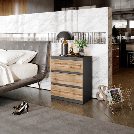 GABRIEL - Nachttisch / Nachtschrank mit 3 Schubladen -  Anthrazit Grau / Wotan Eiche - H72cm B60cm T33cm