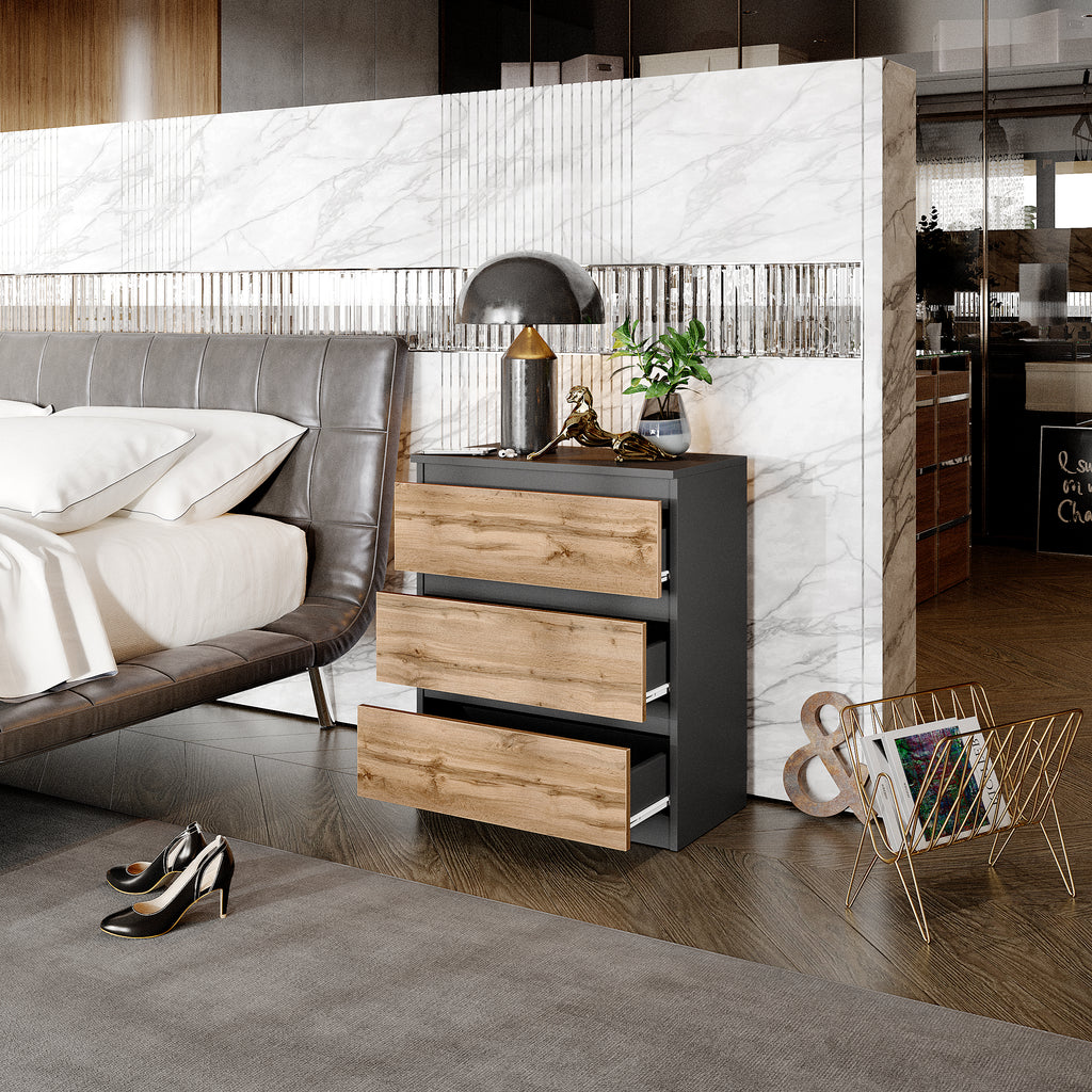 GABRIEL - Nachttisch / Nachtschrank mit 3 Schubladen -  Anthrazit Grau / Wotan Eiche - H72cm B60cm T33cm