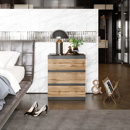 GABRIEL - Nachttisch / Nachtschrank mit 3 Schubladen -  Anthrazit Grau / Wotan Eiche - H72cm B60cm T33cm