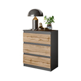GABRIEL - Nachttisch / Nachtschrank mit 3 Schubladen -  Anthrazit Grau / Wotan Eiche - H72cm B60cm T33cm