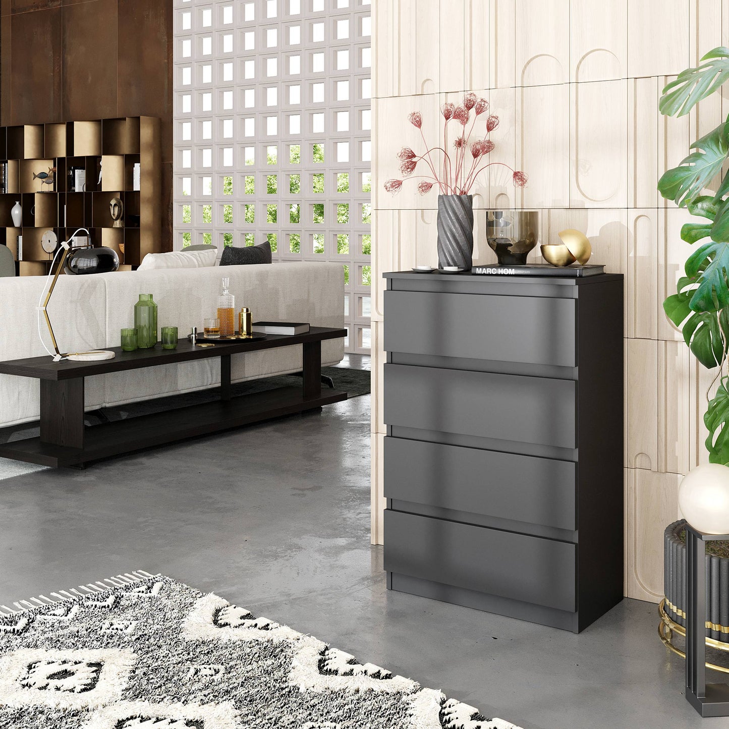 GABRIEL - Kommode / Sideboard mit 4 Schubladen - Anthrazit Grau H92cm B60cm T33cm