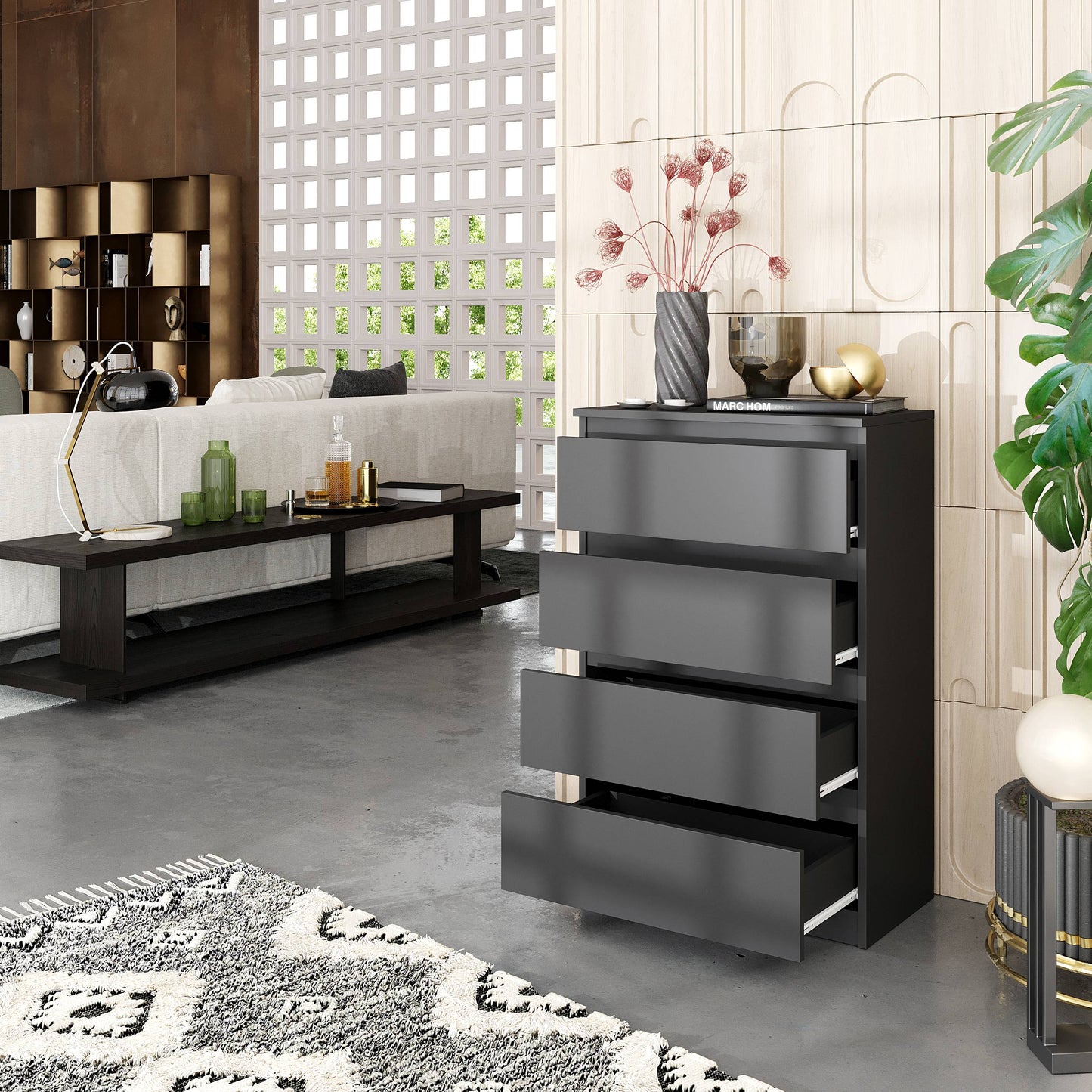 GABRIEL - Kommode / Sideboard mit 4 Schubladen - Anthrazit Grau H92cm B60cm T33cm