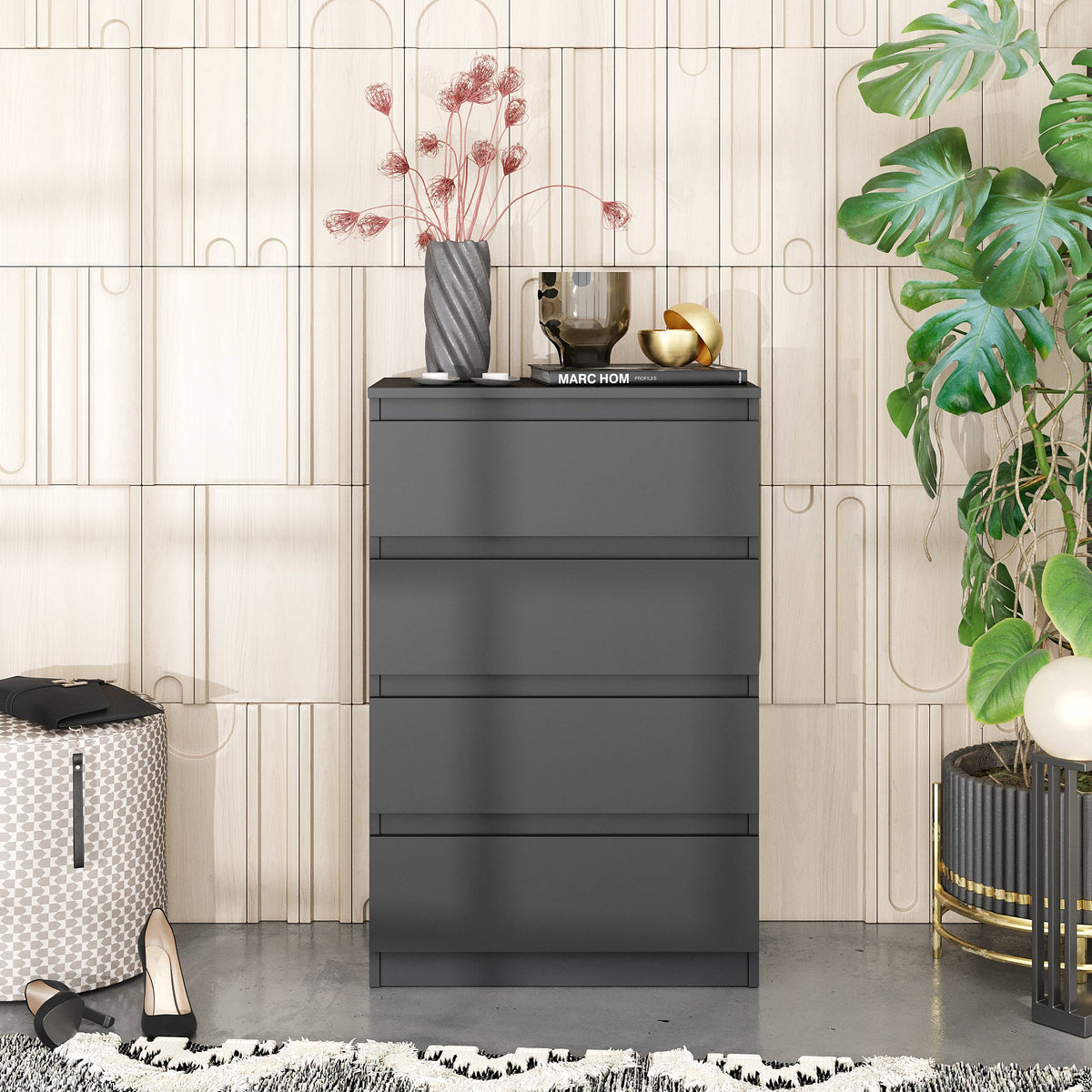 Kommode 60 cm GABRIEL, 4 Schubladen, Anthrazit – Furnica