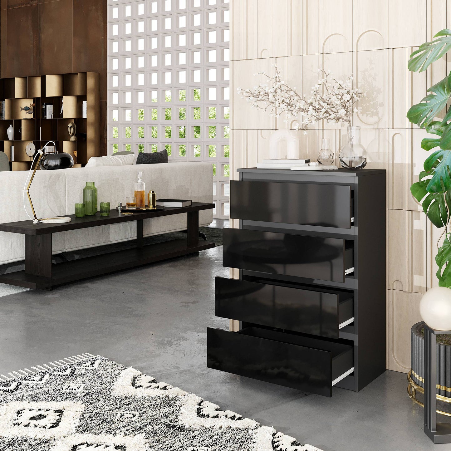 GABRIEL - Kommode / Sideboard mit 4 Schubladen - Anthrazit / Schwarz Gloss H92cm B60cm T33cm