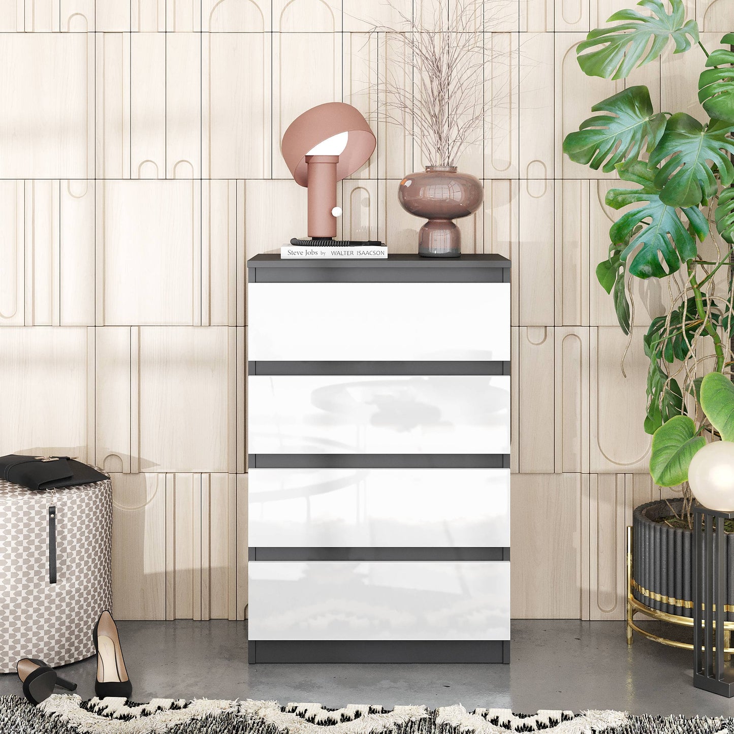 GABRIEL - Kommode / Sideboard mit 4 Schubladen - Anthrazit / Weiß Gloss H92cm B60cm T33cm