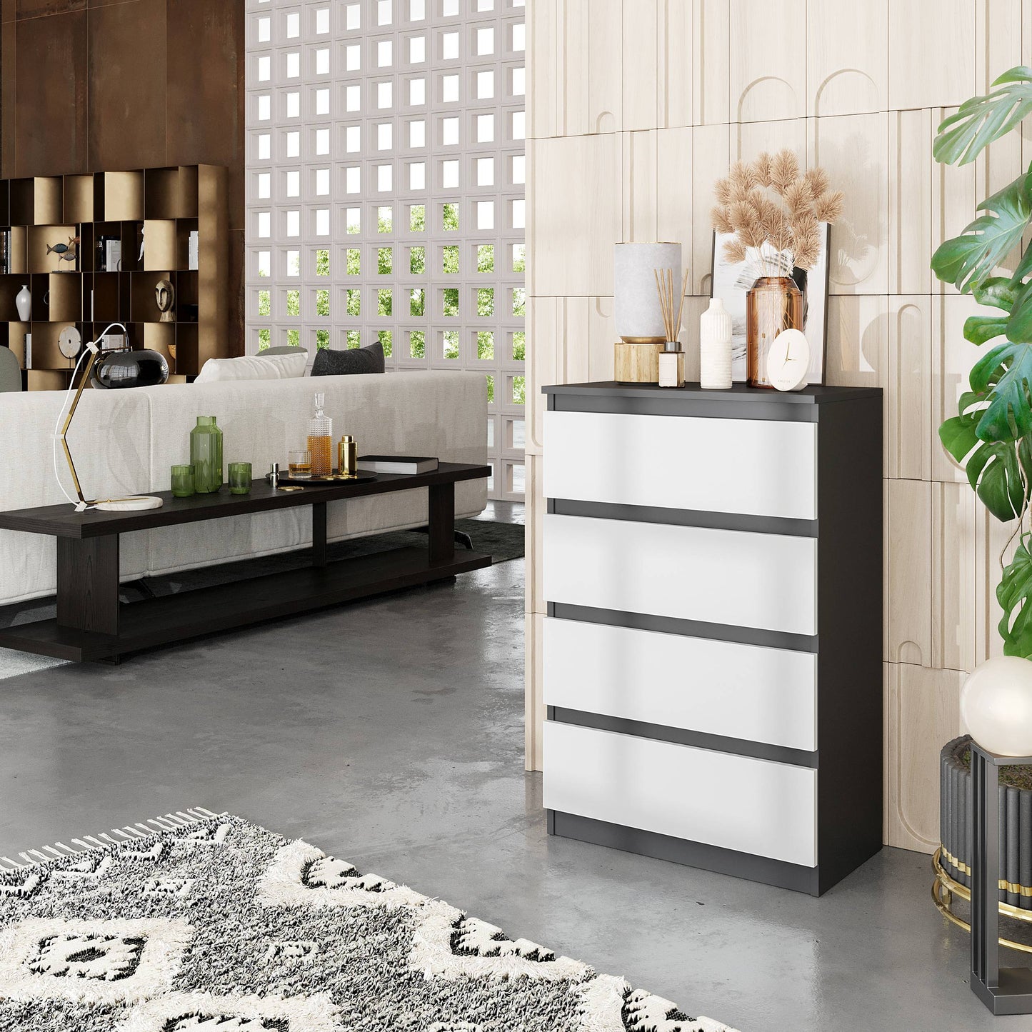 GABRIEL - Kommode / Sideboard mit 4 Schubladen - Anthrazit / Weiß Matt H92cm B60cm T33cm