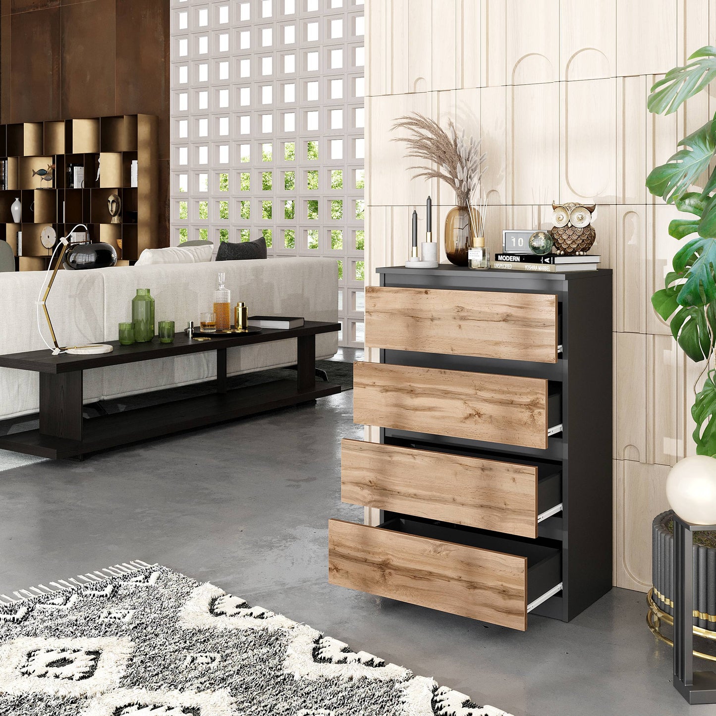 GABRIEL - Kommode / Sideboard mit 4 Schubladen - Anthrazit Grau / Wotan Eiche H92cm B60cm T33cm